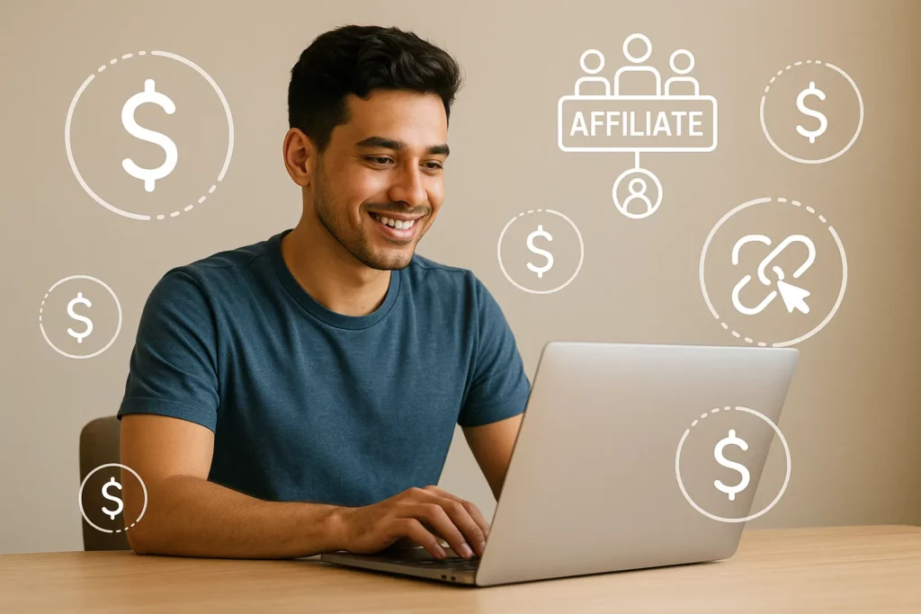 Person working on a laptop with dollar signs and affiliate links