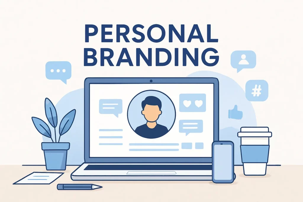Flat-style illustration of laptop showing a personal profile, with icons like speech bubbles, hashtag, and coffee cup, representing digital personal branding.