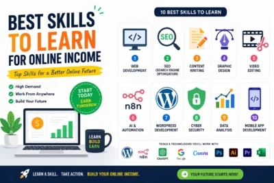 Best skills to learn for online income in 2026 including SEO, WordPress, AI automation, web development, and content writing.